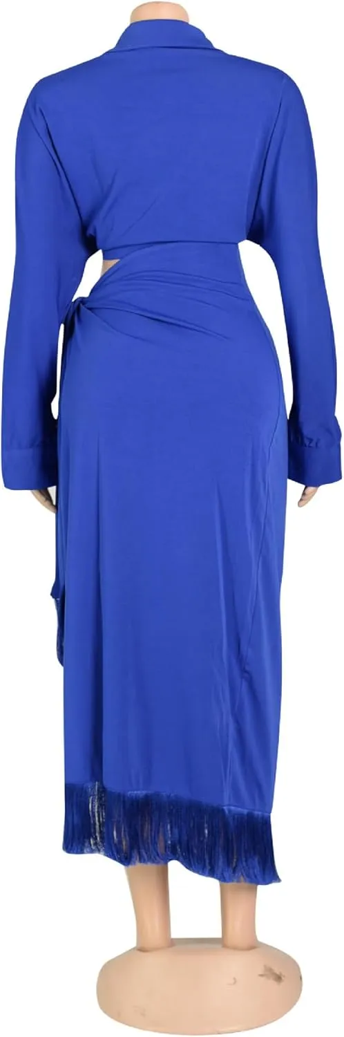 Women’s 2 Piece Dresses Tie Front Shirt Long Sleeve Button Down Crop Top and Fringe Hem High Slit Maxi Skirt Set