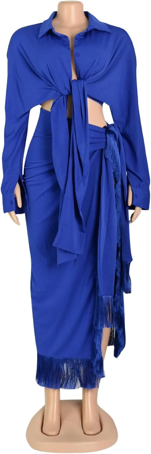 Women’s 2 Piece Dresses Tie Front Shirt Long Sleeve Button Down Crop Top and Fringe Hem High Slit Maxi Skirt Set