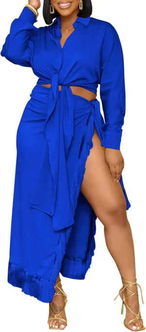 Women’s 2 Piece Dresses Tie Front Shirt Long Sleeve Button Down Crop Top and Fringe Hem High Slit Maxi Skirt Set