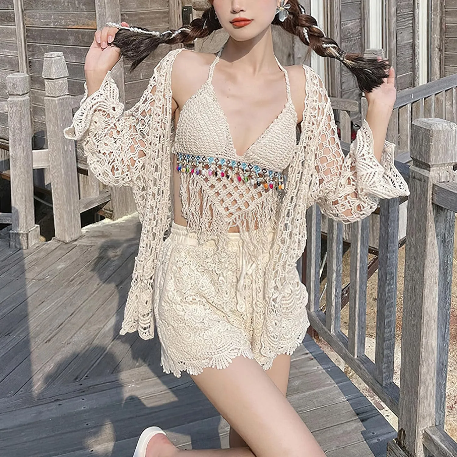 Women's 3 Pieces Bikini Set Hollow Out Cardigan & Crop Top & Floral Shorts Summer Beach Crochet Knit Swimsuits