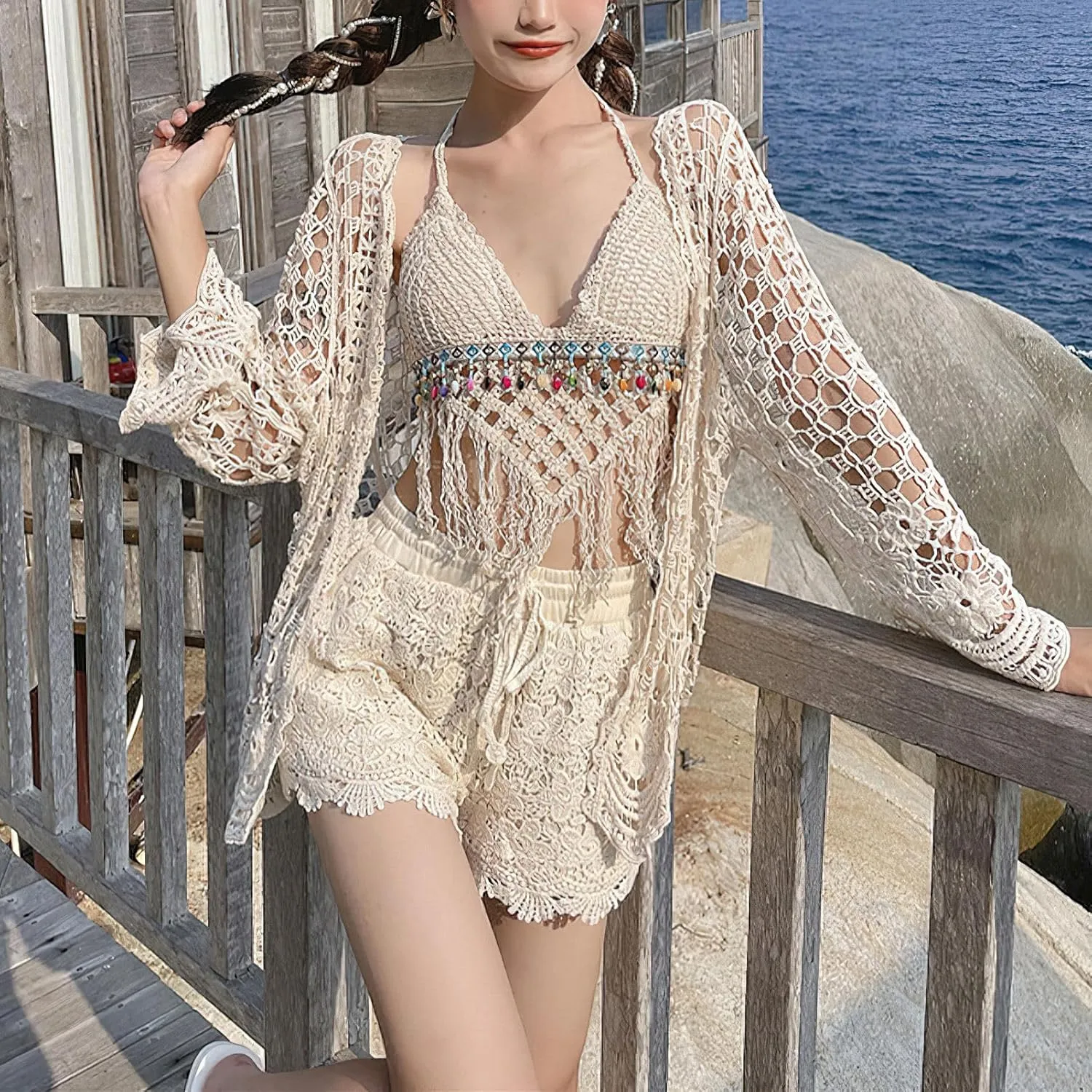 Women's 3 Pieces Bikini Set Hollow Out Cardigan & Crop Top & Floral Shorts Summer Beach Crochet Knit Swimsuits
