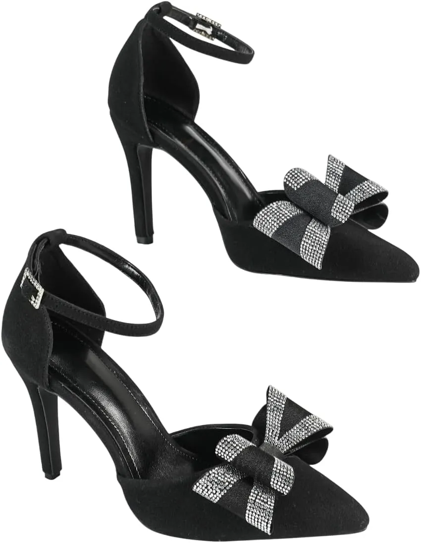 Women's Black and White Polka-Dot Mesh Pointed-Toe High-Heel Sandals with Black Leather Accents and Bow Decoration, Elegant Evening Shoes, Trendy Party Footwear, Chic Peep-Toe Heels