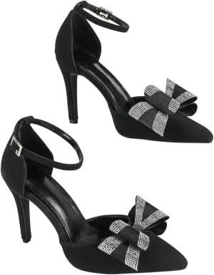 Women's Black and White Polka-Dot Mesh Pointed-Toe High-Heel Sandals with Black Leather Accents and Bow Decoration, Elegant Evening Shoes, Trendy Party Footwear, Chic Peep-Toe Heels