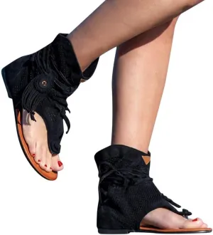 Women's Bohemian Tassel Sandals, Gladiator Fringe Flat Clip Toe Ankle Beach Sandals T-Strap Open-Toe Flip Flops Sandals
