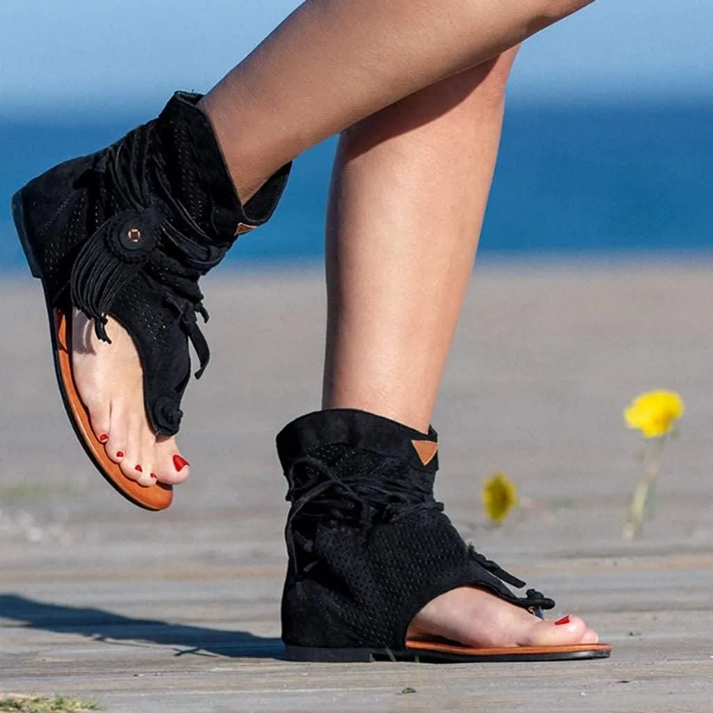 Women's Bohemian Tassel Sandals, Gladiator Fringe Flat Clip Toe Ankle Beach Sandals T-Strap Open-Toe Flip Flops Sandals