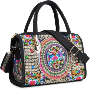 Women's Canvas Top Handle Satchel Bag Flower Embroidery Crossbody Retro Boston Shoulder Bag Ethnic Handbag and Purse，bag514OWOISS