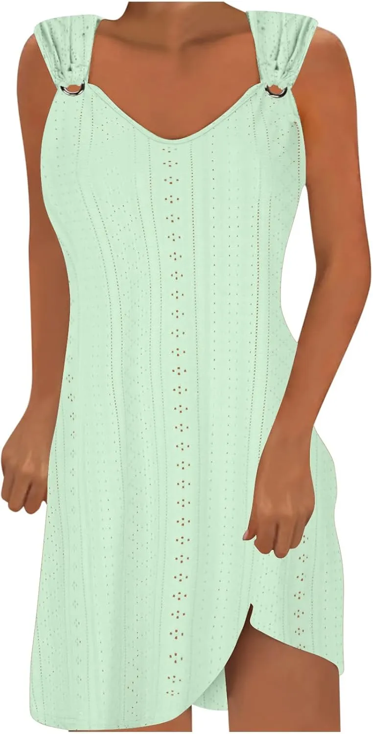 Women's Casual Dresses Fashion O Ring Sleeveless V Neck Dress Outfits Soft Lightweight Hawaiian Summer Sundresses