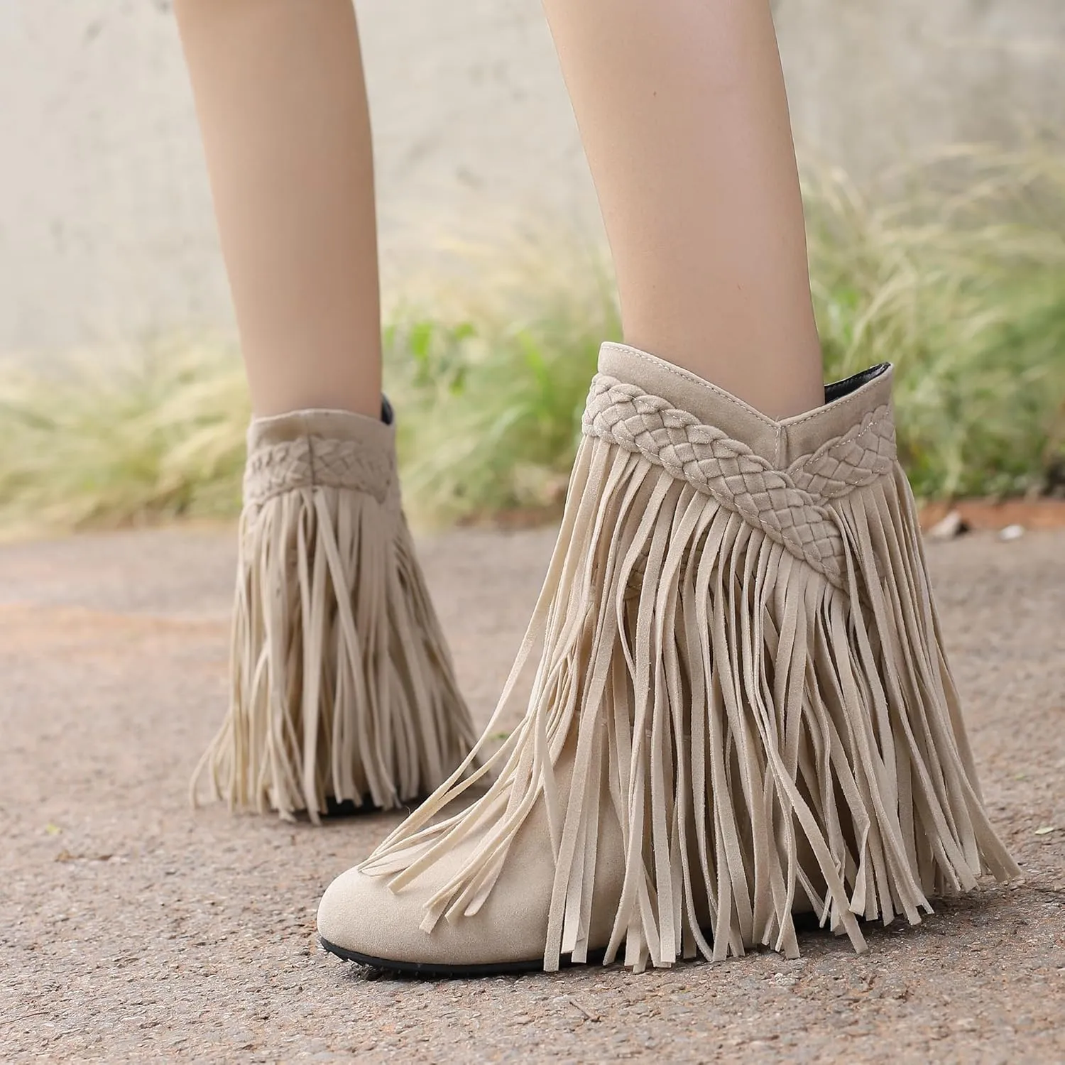 Women's Casual Pull on Fringe Booties, Vintage Low Heel Tassel Boots, Slip on Moccasin Ankle Boots