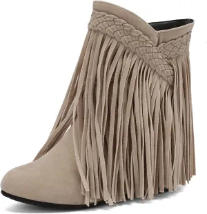 Women's Casual Pull on Fringe Booties, Vintage Low Heel Tassel Boots, Slip on Moccasin Ankle Boots