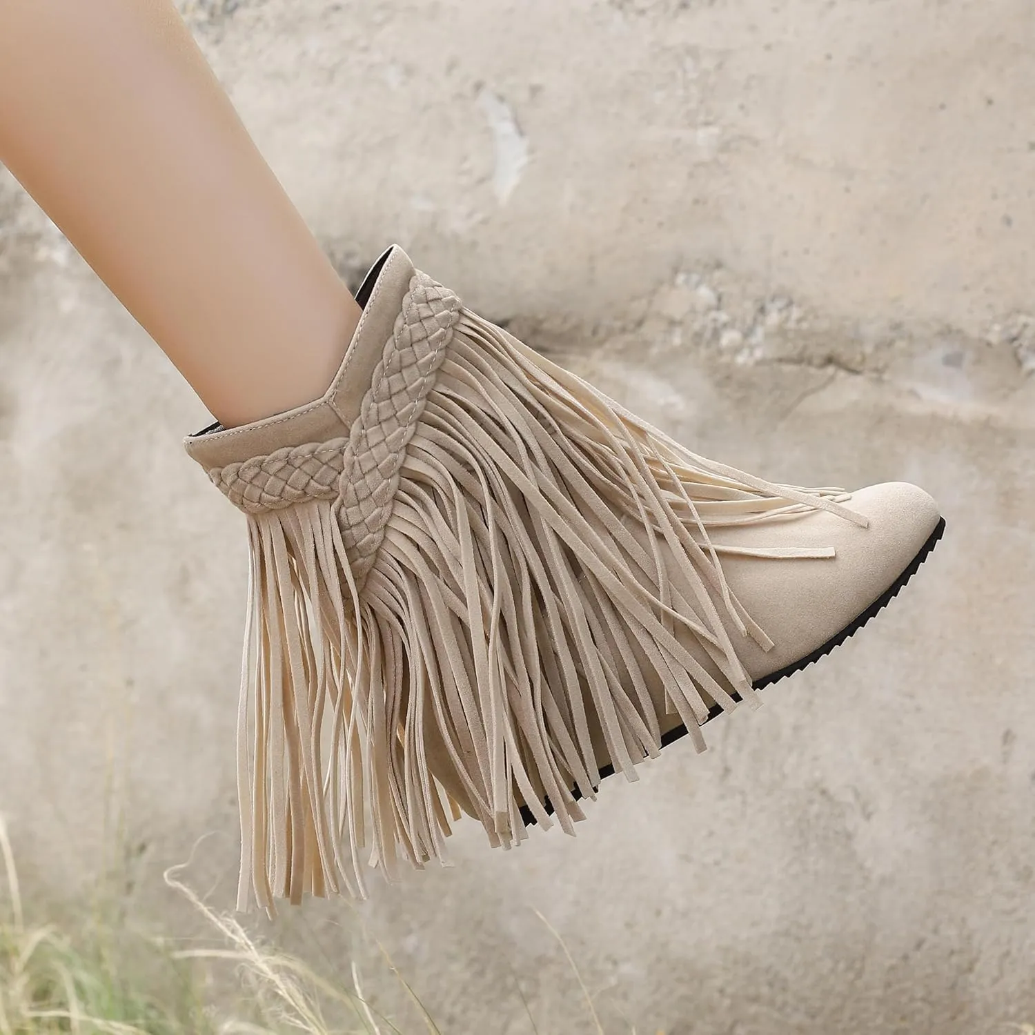 Women's Casual Pull on Fringe Booties, Vintage Low Heel Tassel Boots, Slip on Moccasin Ankle Boots