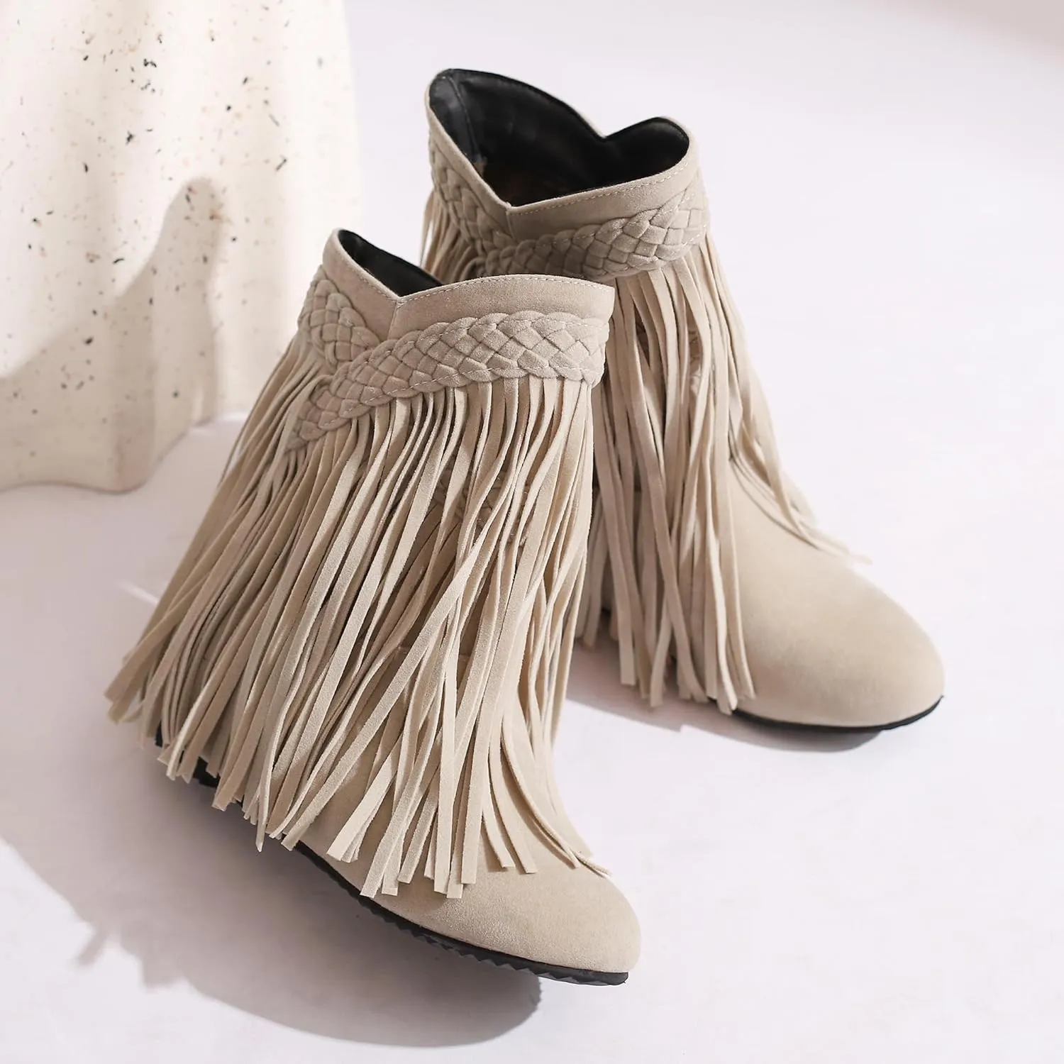 Women's Casual Pull on Fringe Booties, Vintage Low Heel Tassel Boots, Slip on Moccasin Ankle Boots