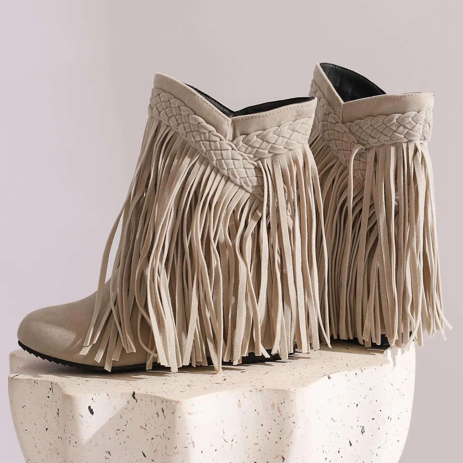 Women's Casual Pull on Fringe Booties, Vintage Low Heel Tassel Boots, Slip on Moccasin Ankle Boots