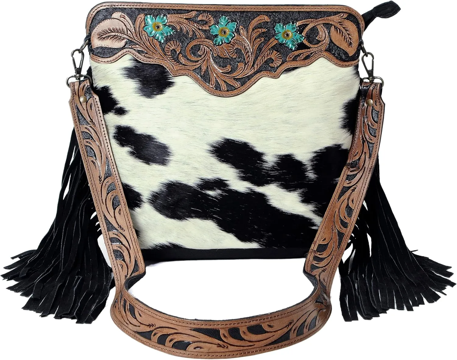 Women’s Cowhide Hairon Leather Crossbody Shoulder Bag with Strap Messenger Style Western Fringe Leather Sling Bag