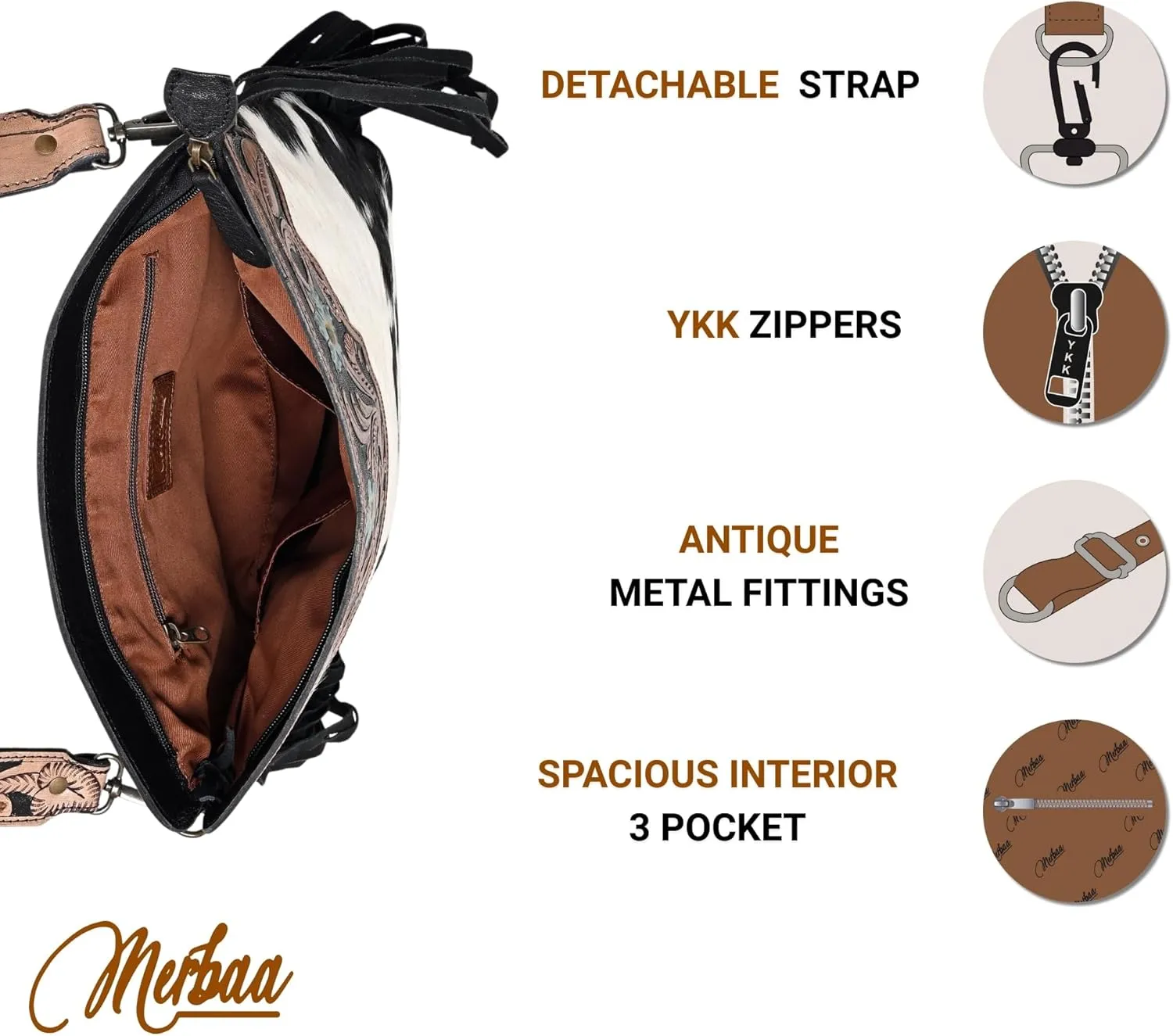 Women’s Cowhide Hairon Leather Crossbody Shoulder Bag with Strap Messenger Style Western Fringe Leather Sling Bag