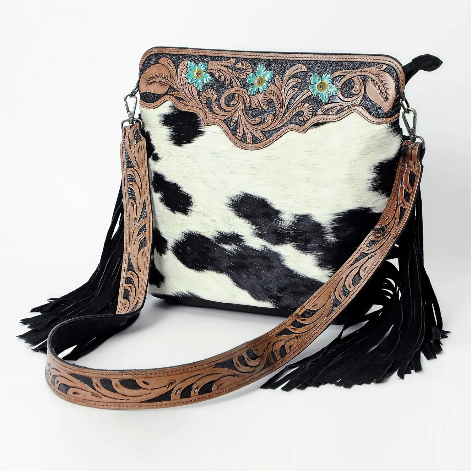 Women’s Cowhide Hairon Leather Crossbody Shoulder Bag with Strap Messenger Style Western Fringe Leather Sling Bag