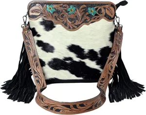 Women’s Cowhide Hairon Leather Crossbody Shoulder Bag with Strap Messenger Style Western Fringe Leather Sling Bag