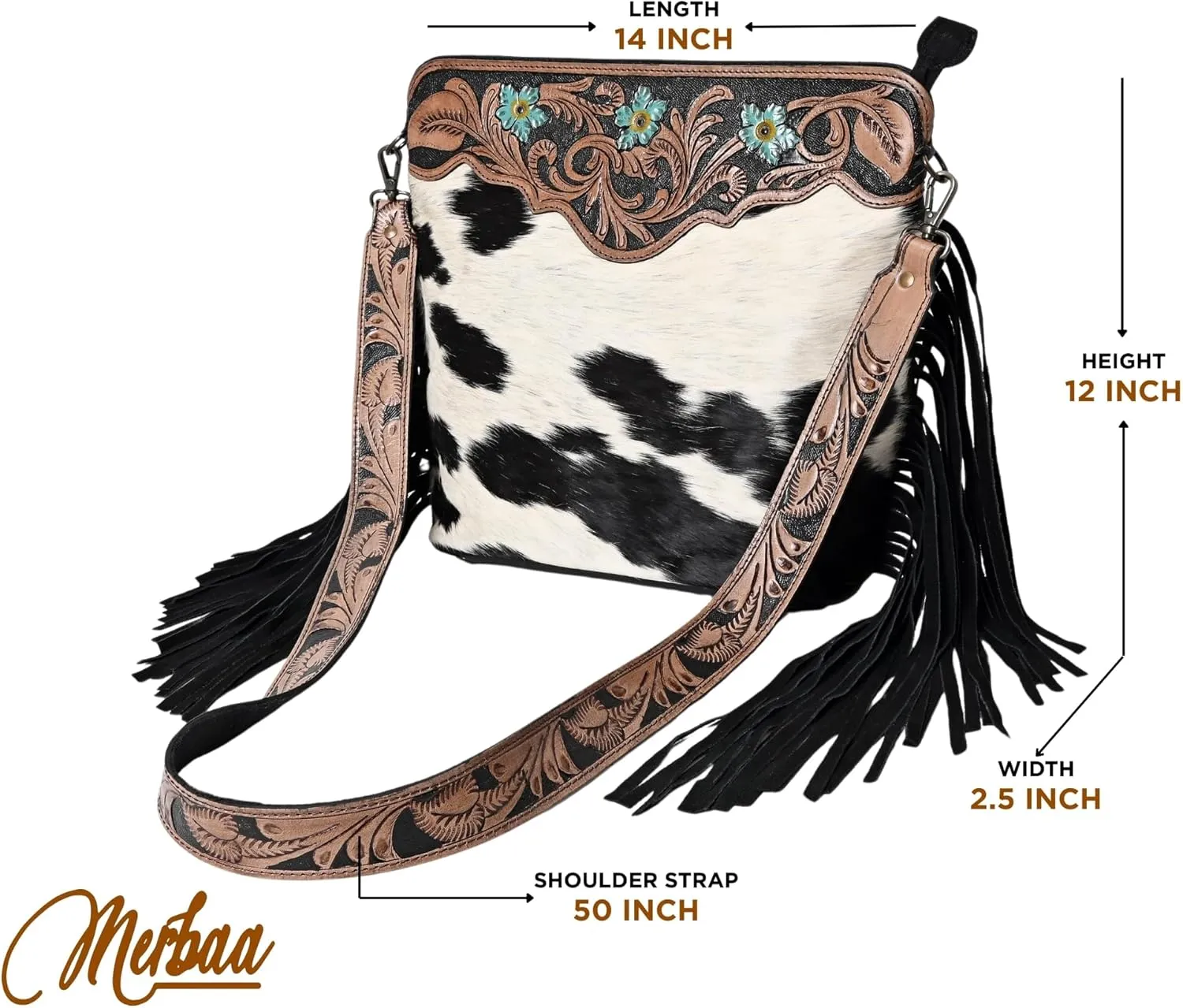 Women’s Cowhide Hairon Leather Crossbody Shoulder Bag with Strap Messenger Style Western Fringe Leather Sling Bag