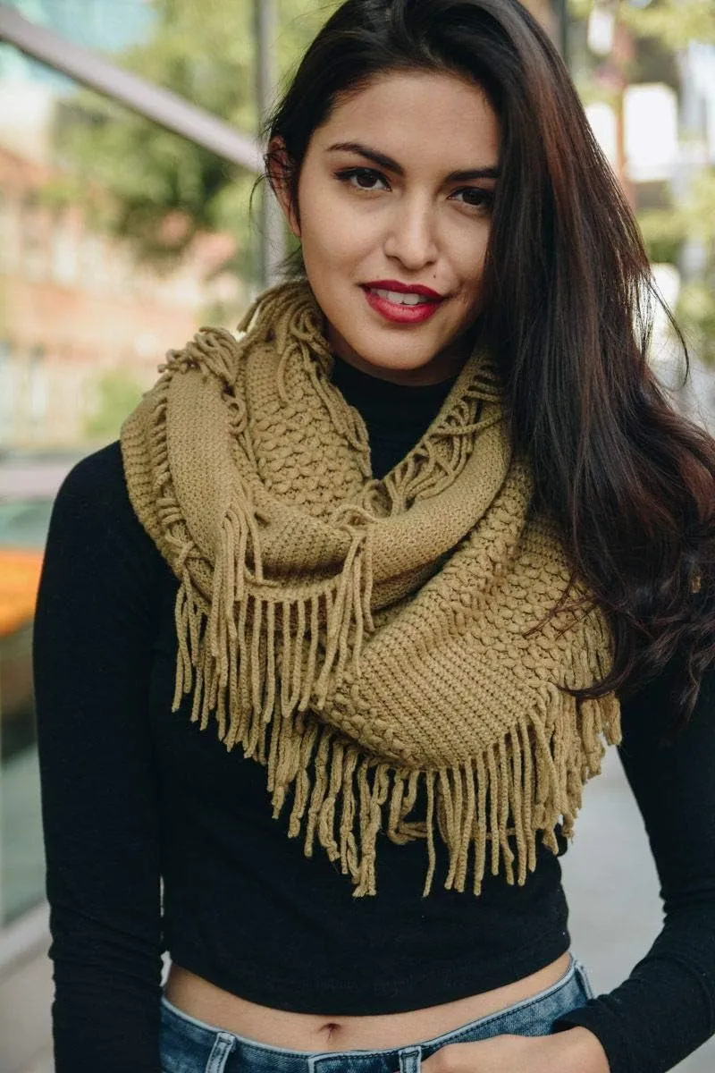 Womens Cozy Winter Knit Pointelle Fringe Tassel Infinity Scarf Loop Warm Fashion Cowl Wrap