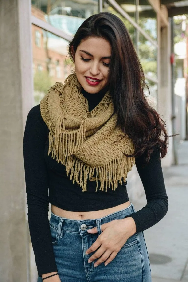 Womens Cozy Winter Knit Pointelle Fringe Tassel Infinity Scarf Loop Warm Fashion Cowl Wrap