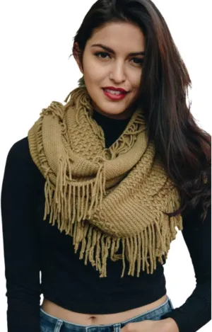 Womens Cozy Winter Knit Pointelle Fringe Tassel Infinity Scarf Loop Warm Fashion Cowl Wrap