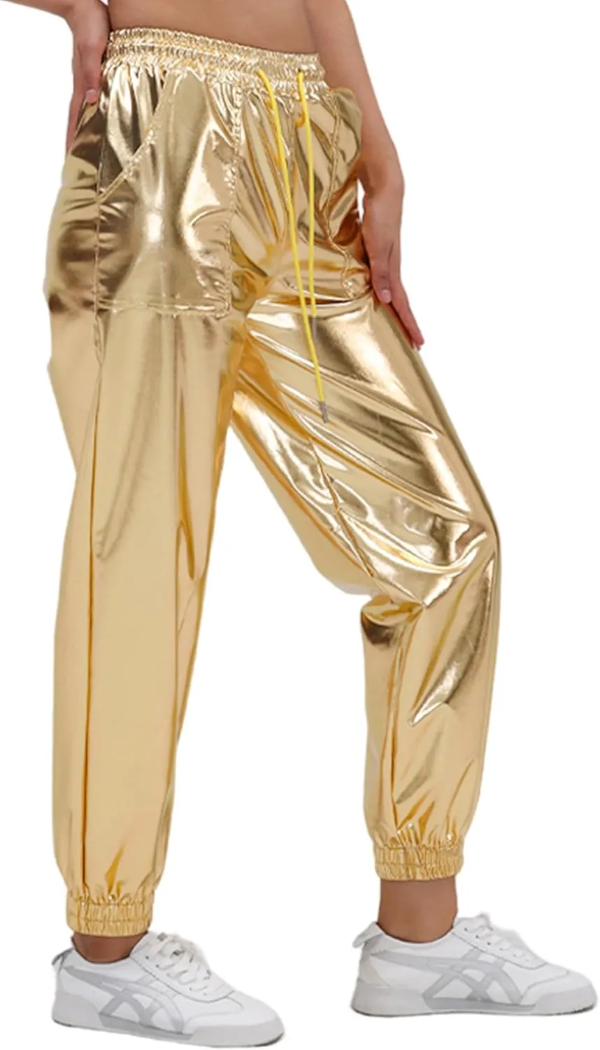Womens Drawstring Cargo High Waist Jogger Pants Sexy Metallic Sparkly Wide Leg Pants Trousers Clubwear