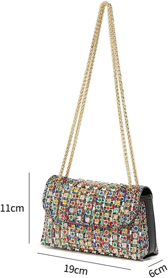 Women's Fashionable Studded Small Square Bag: Full - Diamond Party Bag for Shoulder, Crossbody or Underarm Carry