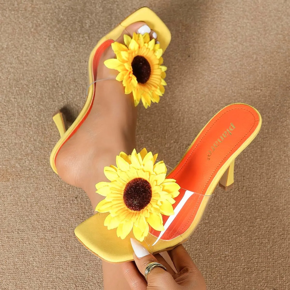 Women's High Heel Sandals – Sunflower Embellished Dress Sandals with Transparent PVC Straps, Fashionable Square-Toe Party Heels for Spring & Summer Events