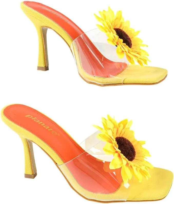 Women's High Heel Sandals – Sunflower Embellished Dress Sandals with Transparent PVC Straps, Fashionable Square-Toe Party Heels for Spring & Summer Events