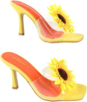 Women's High Heel Sandals – Sunflower Embellished Dress Sandals with Transparent PVC Straps, Fashionable Square-Toe Party Heels for Spring & Summer Events