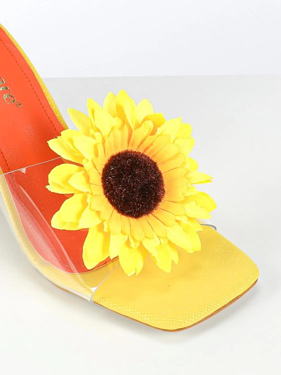 Women's High Heel Sandals – Sunflower Embellished Dress Sandals with Transparent PVC Straps, Fashionable Square-Toe Party Heels for Spring & Summer Events