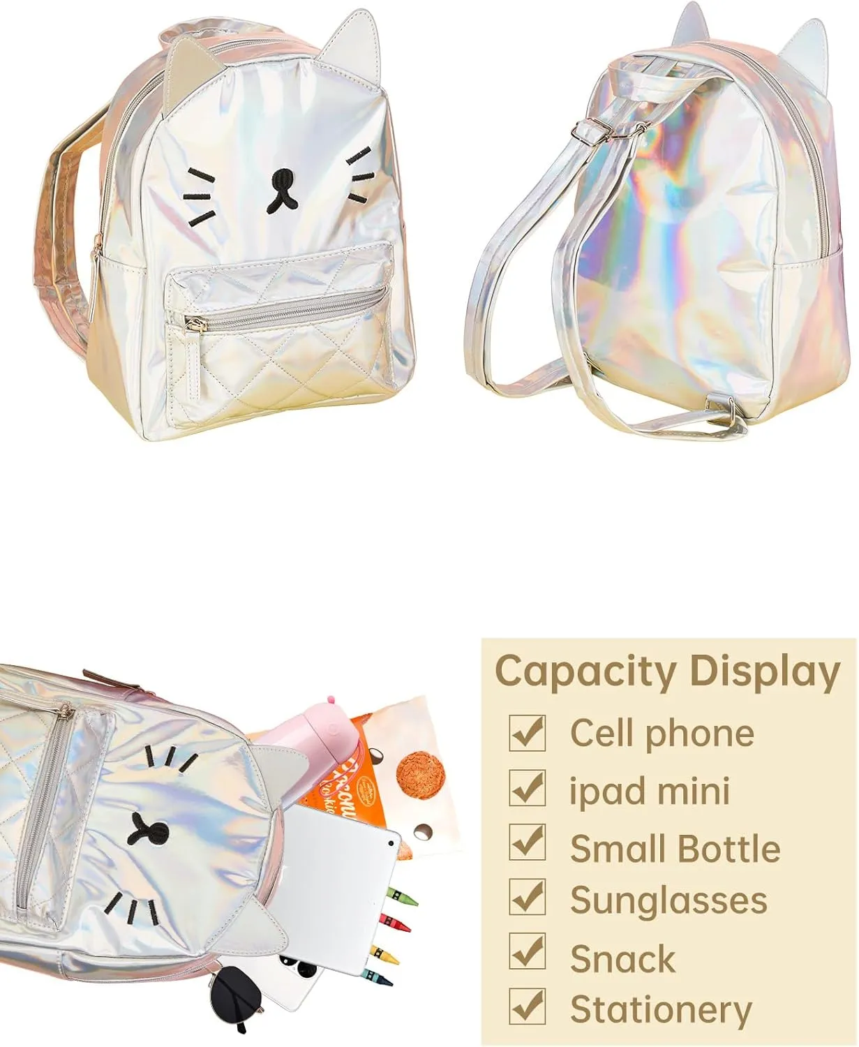 Women's Laser Holographic Backpack Cute Hologram Shoulder Bag Casual Daypack Purse Christmas Birthday Gift,Silver Cat