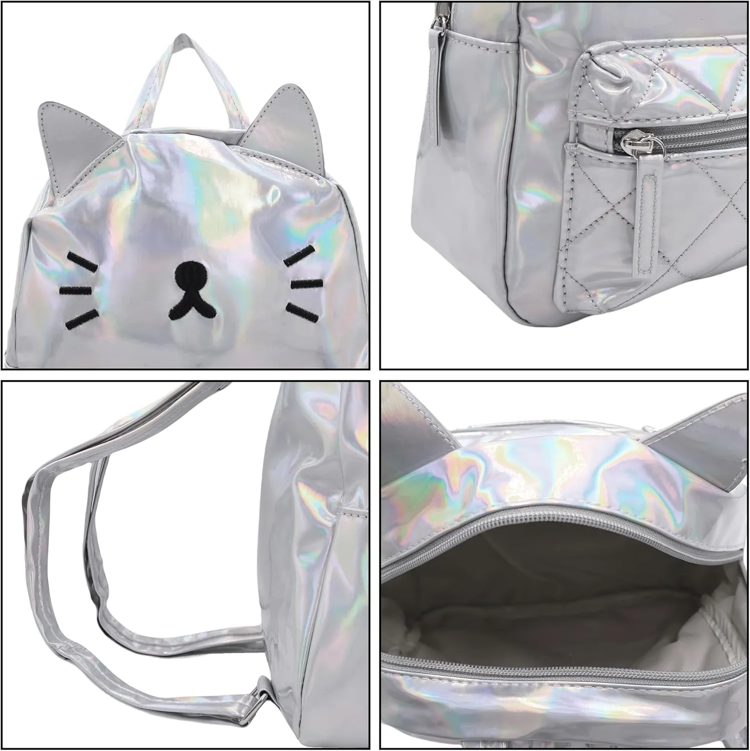 Women's Laser Holographic Backpack Cute Hologram Shoulder Bag Casual Daypack Purse Christmas Birthday Gift,Silver Cat