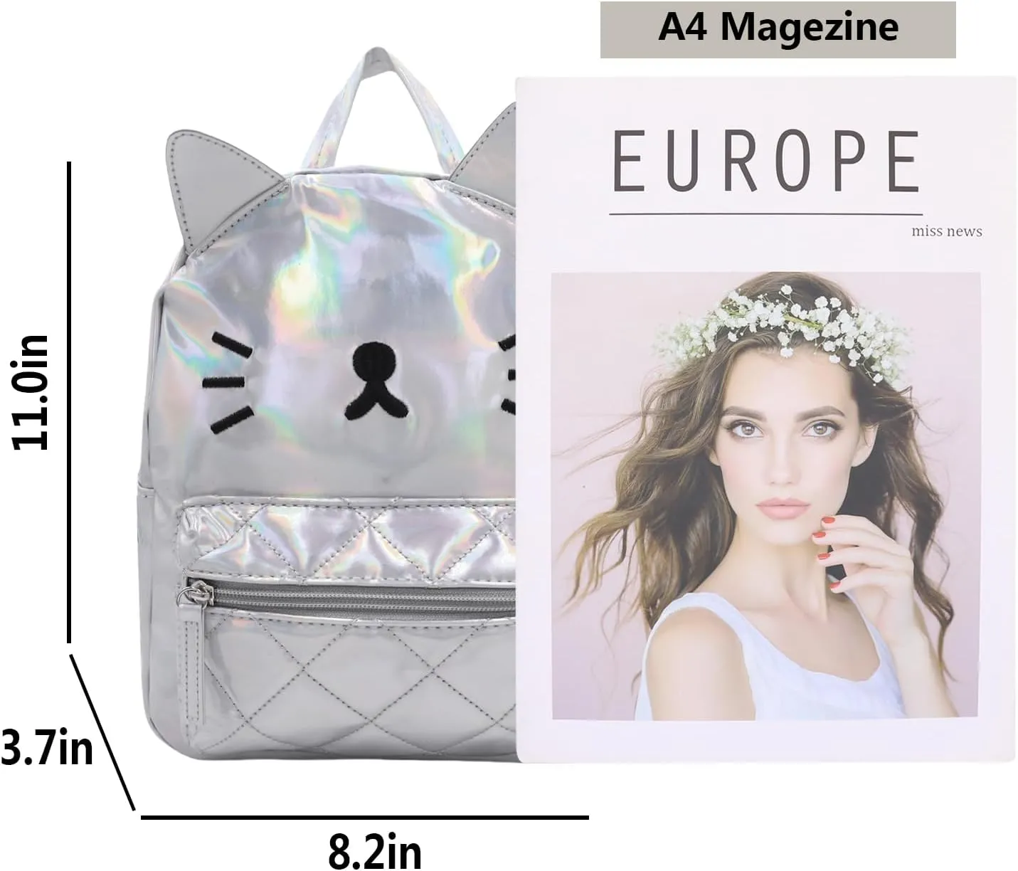 Women's Laser Holographic Backpack Cute Hologram Shoulder Bag Casual Daypack Purse Christmas Birthday Gift,Silver Cat