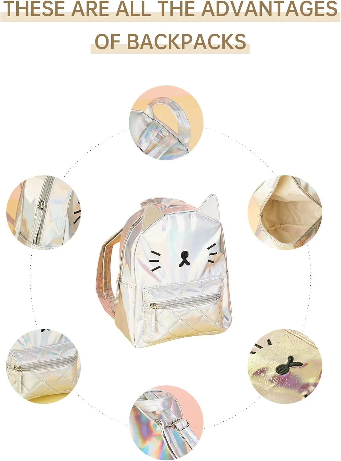 Women's Laser Holographic Backpack Cute Hologram Shoulder Bag Casual Daypack Purse Christmas Birthday Gift,Silver Cat