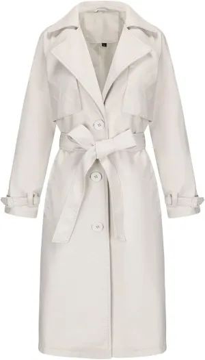 Women's Leather Trench Coat Single Breasted Overcoat Notched Collar Winter Warm Windbreaker with Belt