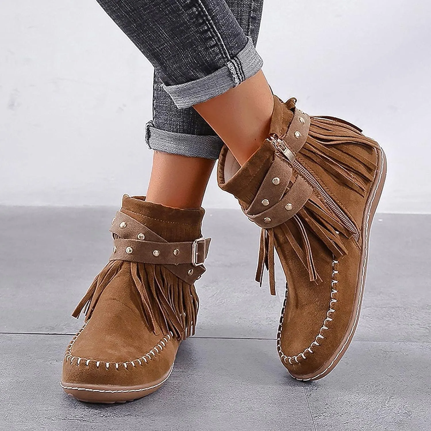 Women's Moccasins Ankle Boots Retro Suede Fringe Booties Tassel Crisscross Studded Strappy Non-Slip Fall Winter Casual Fashion Boots