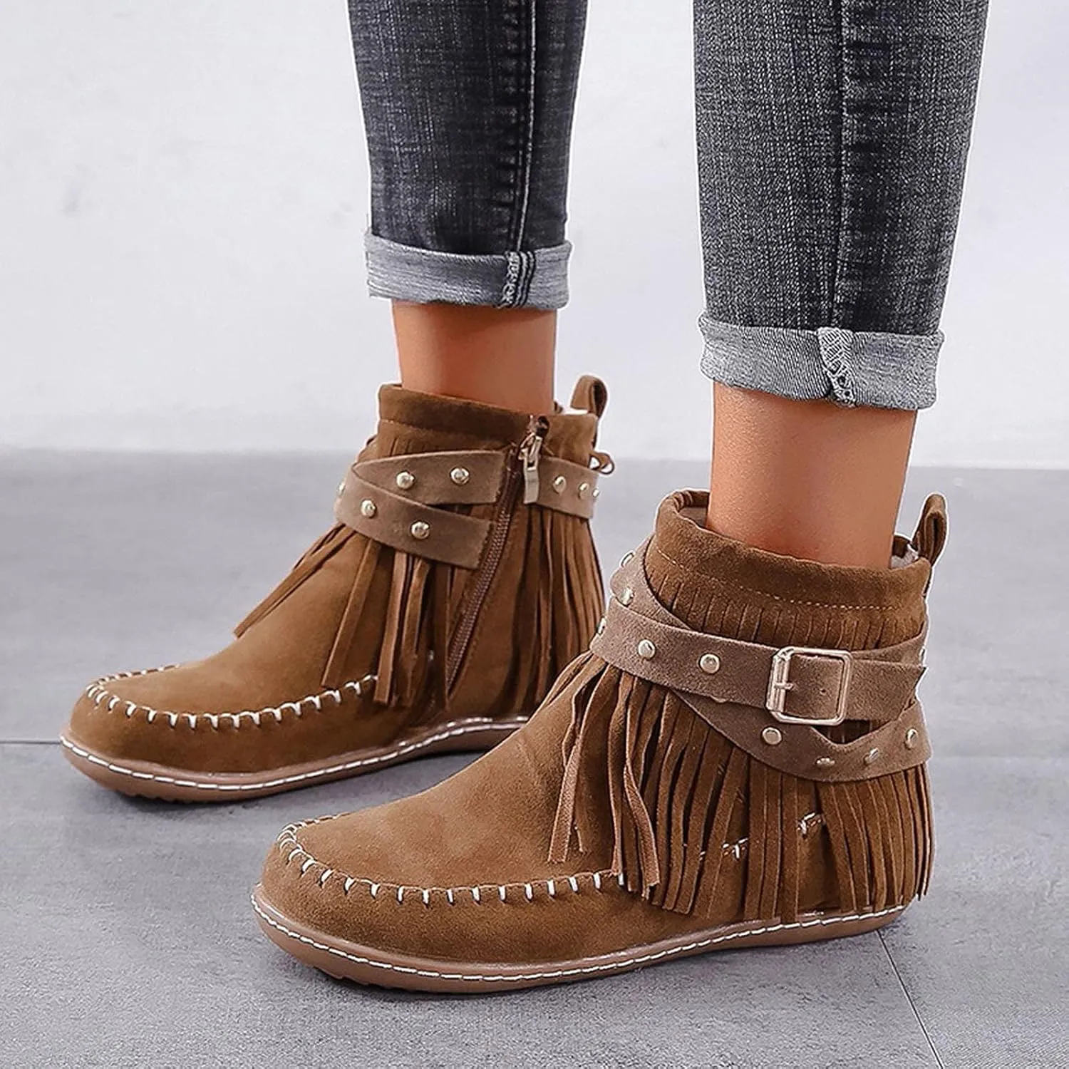 Women's Moccasins Ankle Boots Retro Suede Fringe Booties Tassel Crisscross Studded Strappy Non-Slip Fall Winter Casual Fashion Boots