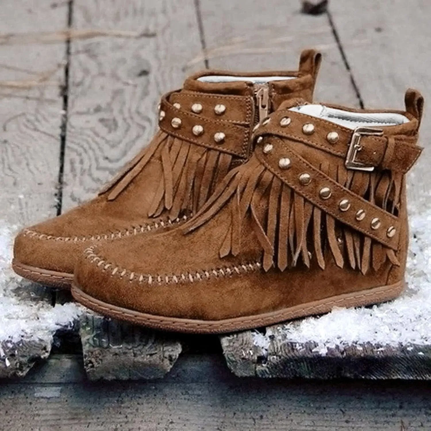 Women's Moccasins Ankle Boots Retro Suede Fringe Booties Tassel Crisscross Studded Strappy Non-Slip Fall Winter Casual Fashion Boots