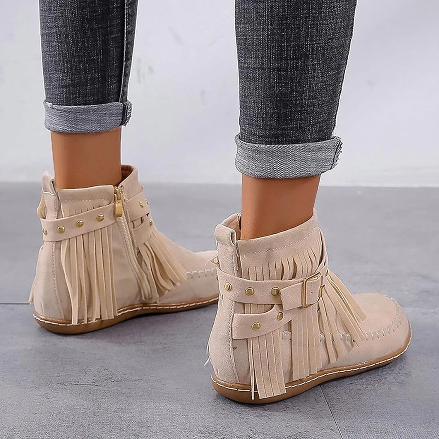 Women's Moccasins Ankle Boots Retro Suede Fringe Booties Tassel Crisscross Studded Strappy Non-Slip Fall Winter Casual Fashion Boots