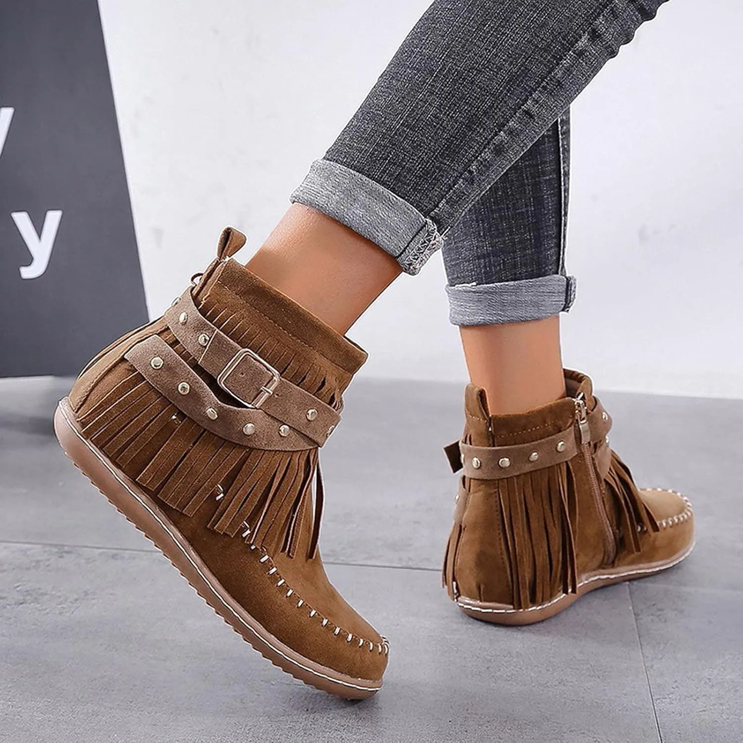 Women's Moccasins Ankle Boots Retro Suede Fringe Booties Tassel Crisscross Studded Strappy Non-Slip Fall Winter Casual Fashion Boots
