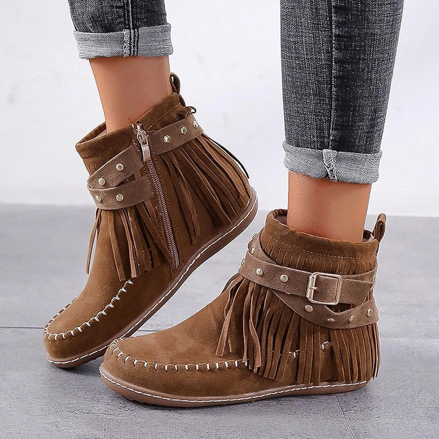 Women's Moccasins Ankle Boots Retro Suede Fringe Booties Tassel Crisscross Studded Strappy Non-Slip Fall Winter Casual Fashion Boots