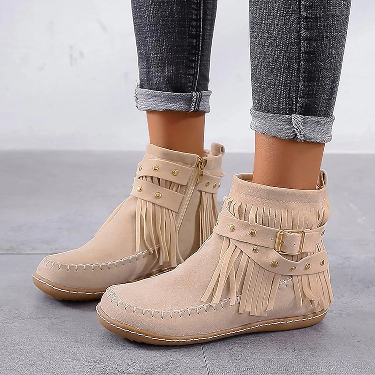 Women's Moccasins Ankle Boots Retro Suede Fringe Booties Tassel Crisscross Studded Strappy Non-Slip Fall Winter Casual Fashion Boots