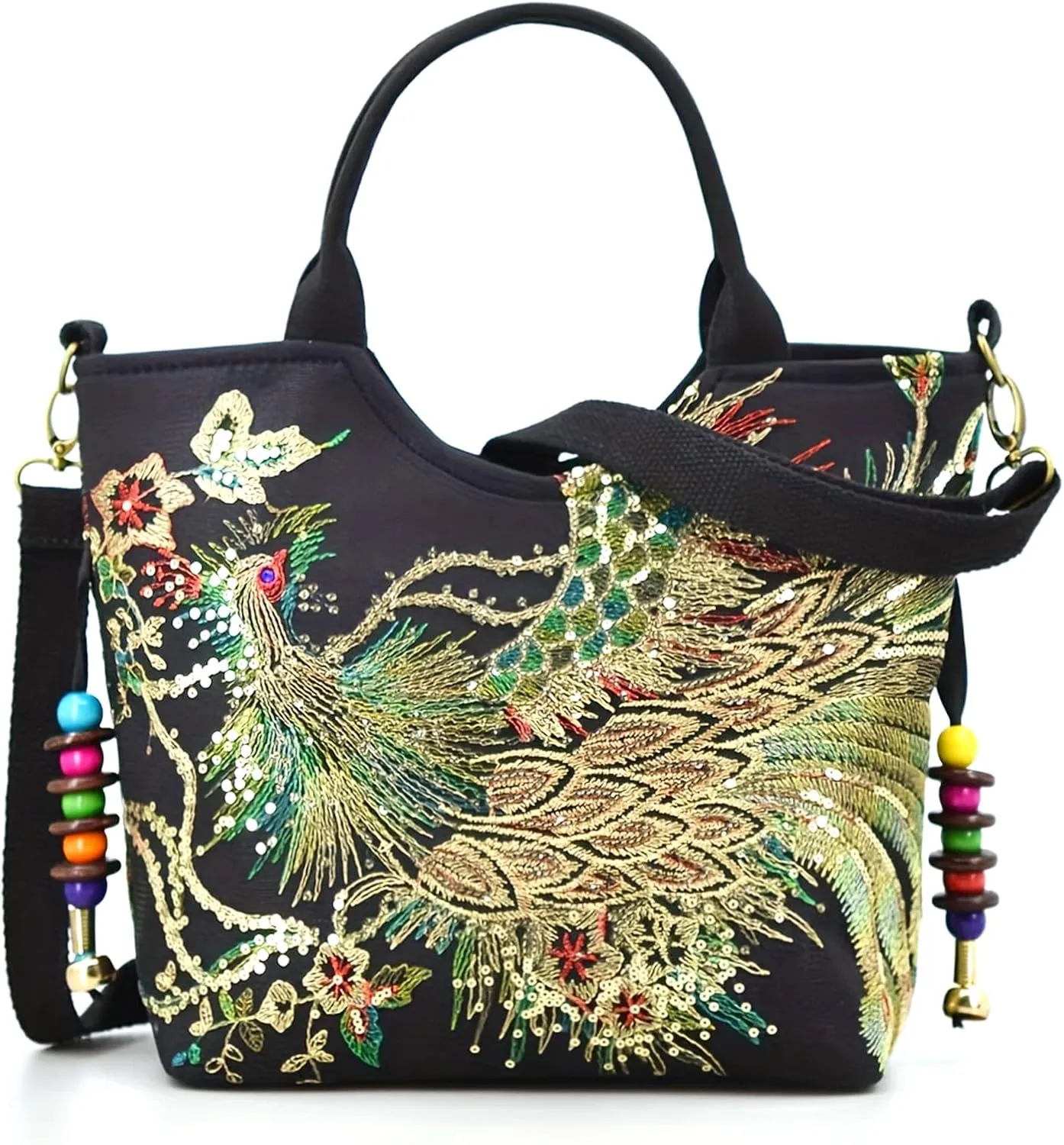 Women's Peafowl Embroidery Handbag and Purse Canvas Retro Beads Crossbody Shoulder Bag Ethnic Top Handle Satchel Bag，bag2135OWOISS