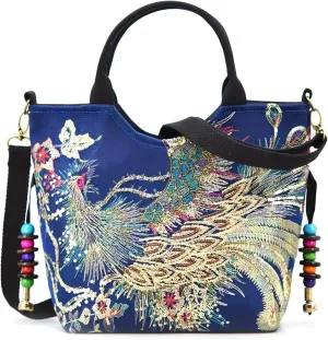 Women's Peafowl Embroidery Handbag and Purse Canvas Retro Beads Crossbody Shoulder Bag Ethnic Top Handle Satchel Bag，bag545OWOISS