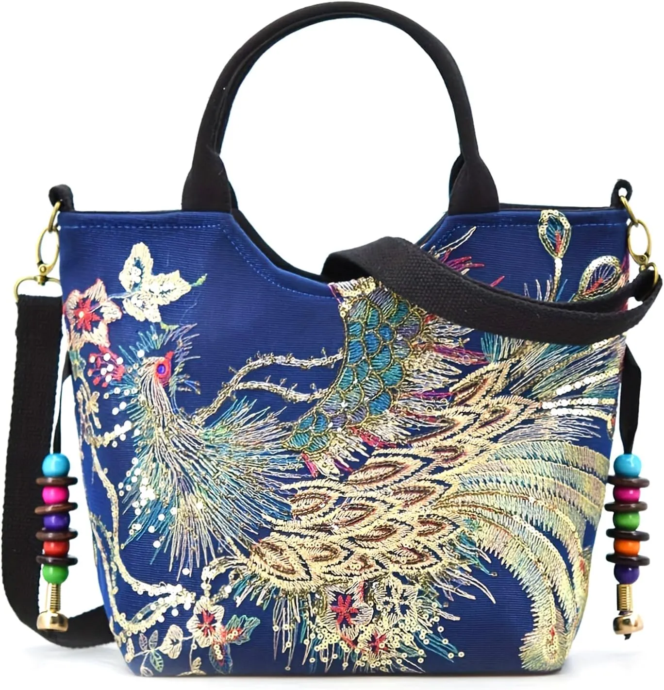 Women's Peafowl Embroidery Handbag and Purse Canvas Retro Beads Crossbody Shoulder Bag Ethnic Top Handle Satchel Bag，bag545OWOISS