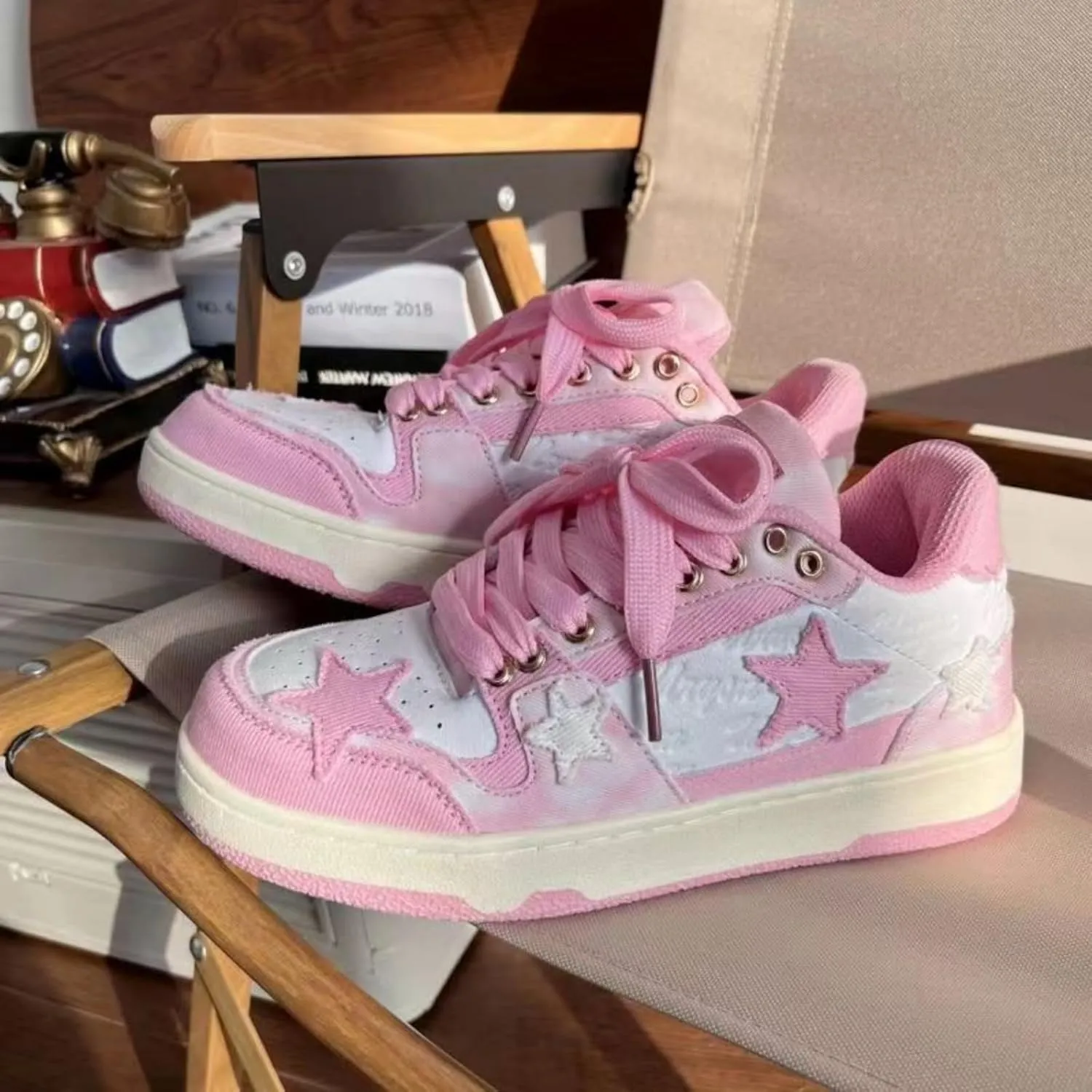 Women's Pink Star-Embroidered High-Top Sneakers Cute Kawaii Casual Shoes Chunky Sole Streetwear Daily Outfits
