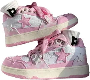 Women's Pink Star-Embroidered High-Top Sneakers Cute Kawaii Casual Shoes Chunky Sole Streetwear Daily Outfits
