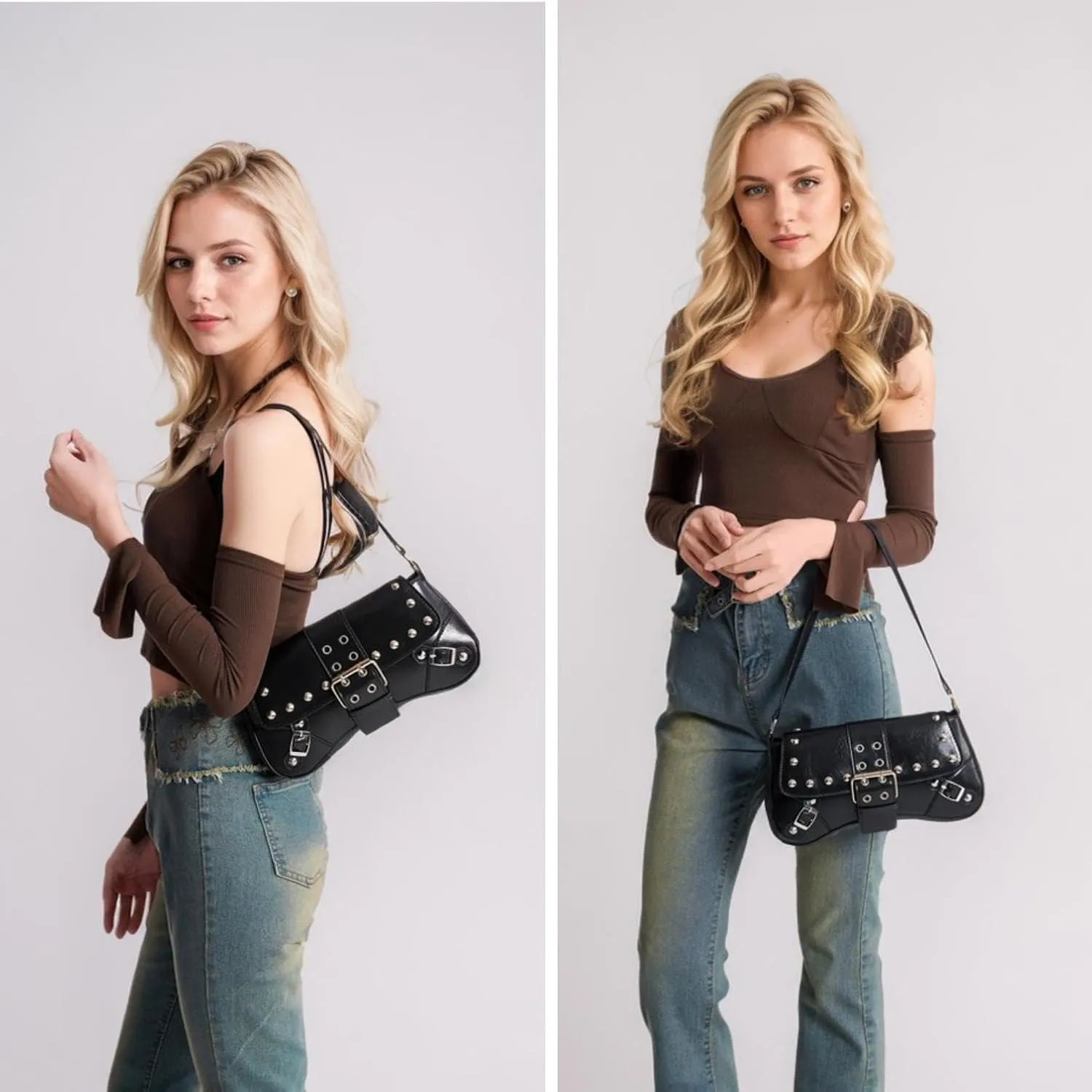 Women's Shoulder Bag Y2K Purses 90s Studded Rivet Punk Handbag Red Leather Purses summer bags for women 2025 trendy