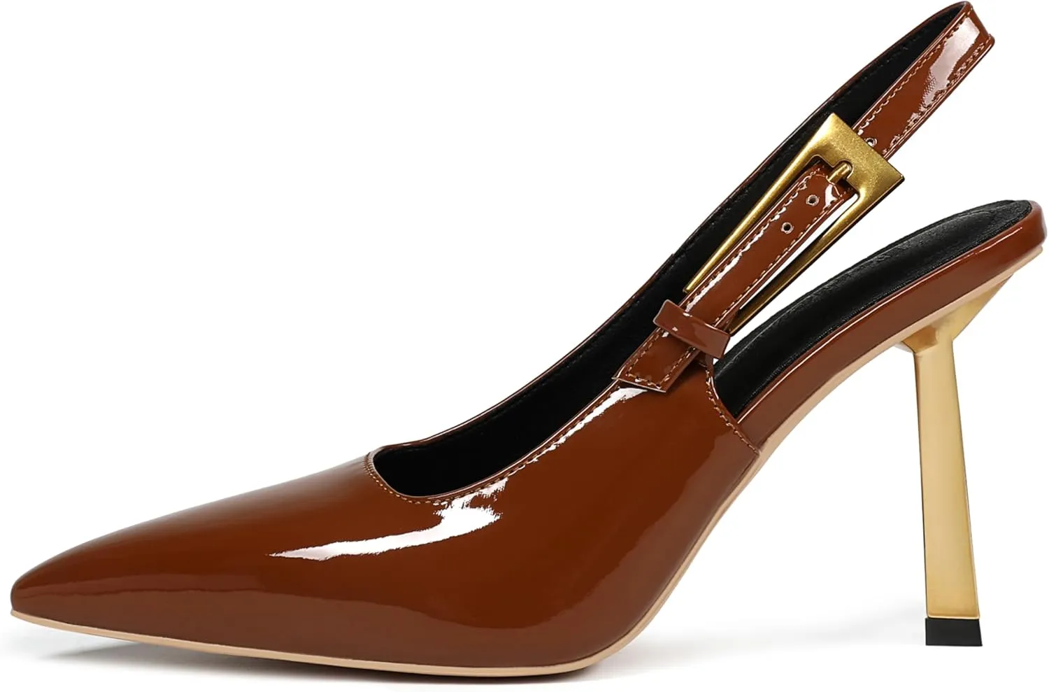 Women's Slingback Stiletto High Heels Square Toe with Metal Buckle Strap Slip On Pumps Backless Patent Leather Fashion Dress Shoes Wedding Party