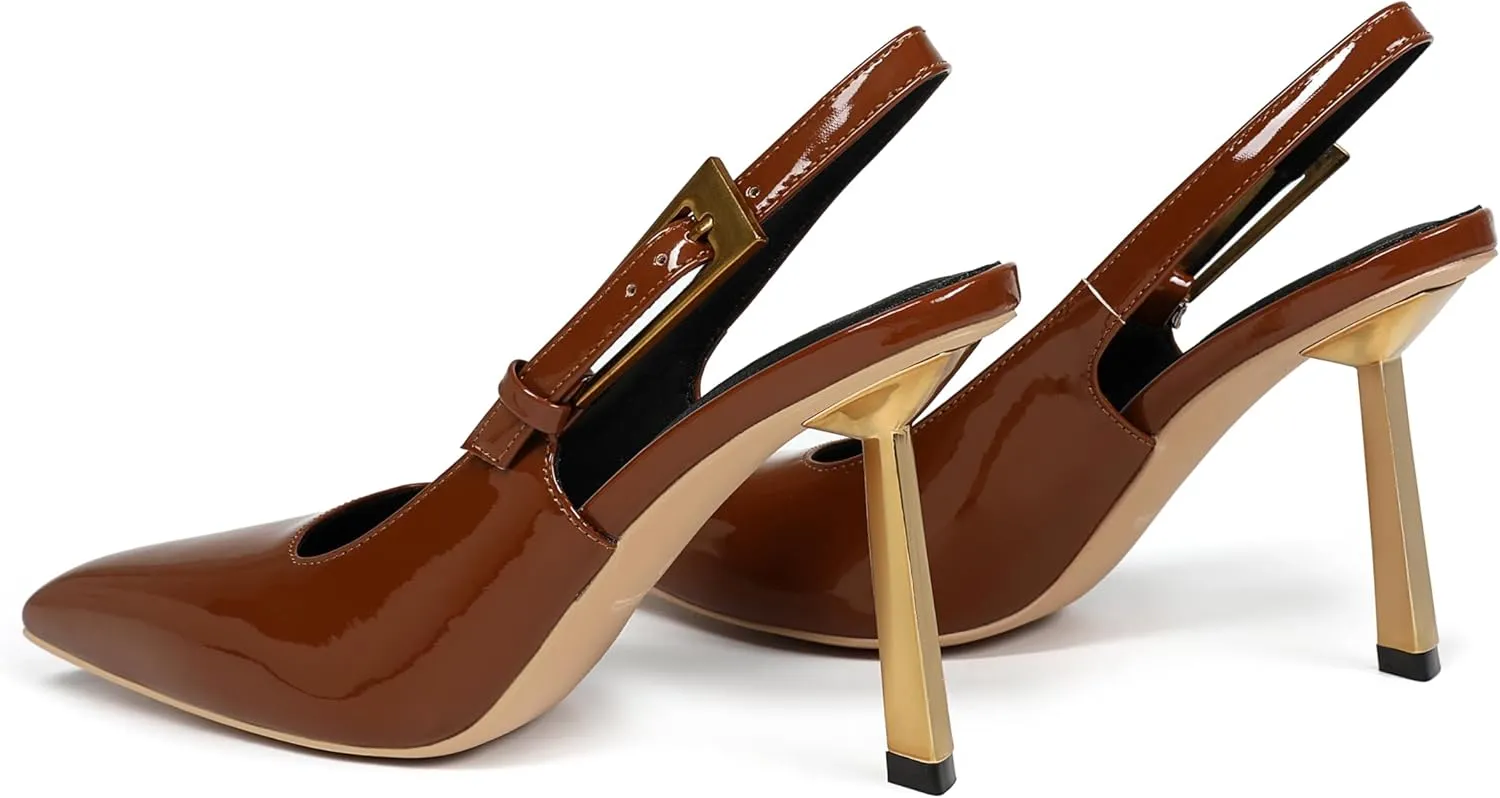 Women's Slingback Stiletto High Heels Square Toe with Metal Buckle Strap Slip On Pumps Backless Patent Leather Fashion Dress Shoes Wedding Party